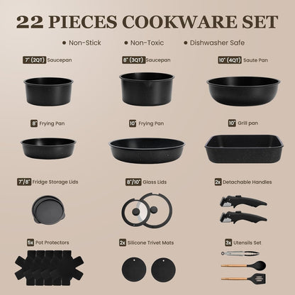 KIKCOIN 22 Pcs Pots and Pans Set Non Stick, Detachable Handle Cookware Sets Nonstick, RV Kitchen Cooking Set with Removable Handles, Frying Pans - Induction/Dishwasher/Oven Safe (Black)