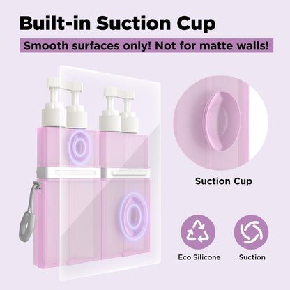 4 in 1 Travel Toiletry Containers,TSA Approved Refillable Travel Size Toiletries Bottles Set with Suction Cup for Smooth Walls - for Shampoo,Conditioner,Body Wash,Lotion.(Pink)