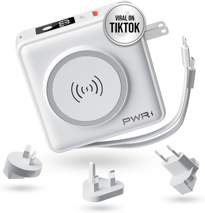 PWR Travel PRO 5-in-1 Power Bank – 10,000mAh with Built-in Cables – 20W USB-C + 15W Wireless Charging – Compact Portable Charger for iPhone & Android - White