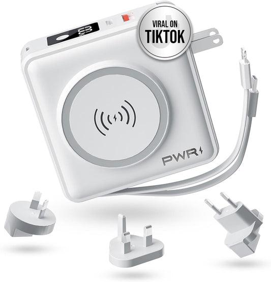 PWR Travel PRO 5-in-1 Power Bank – 10,000mAh with Built-in Cables – 20W USB-C + 15W Wireless Charging – Compact Portable Charger for iPhone & Android - White