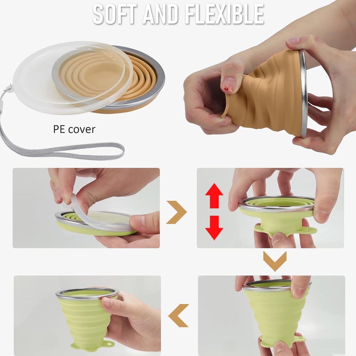 JBER Silicone Collapsible Travel Cup, Silicone Folding Camping Cup with Lids Expandable Drinking Cup for Outdoor Hiking Travel