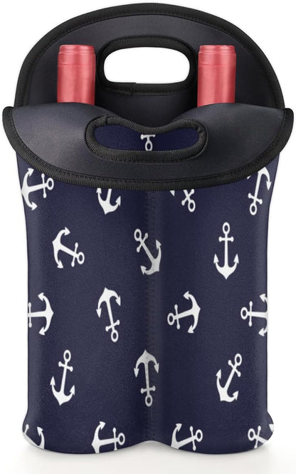 Nautical Anchors 2 Bottle Wine Carrier Tote Bag Insulated Wine Bottles Neoprene Bag with Secure Carry Handle Portable Wine Cooler Bag for Travel Picnic Beach