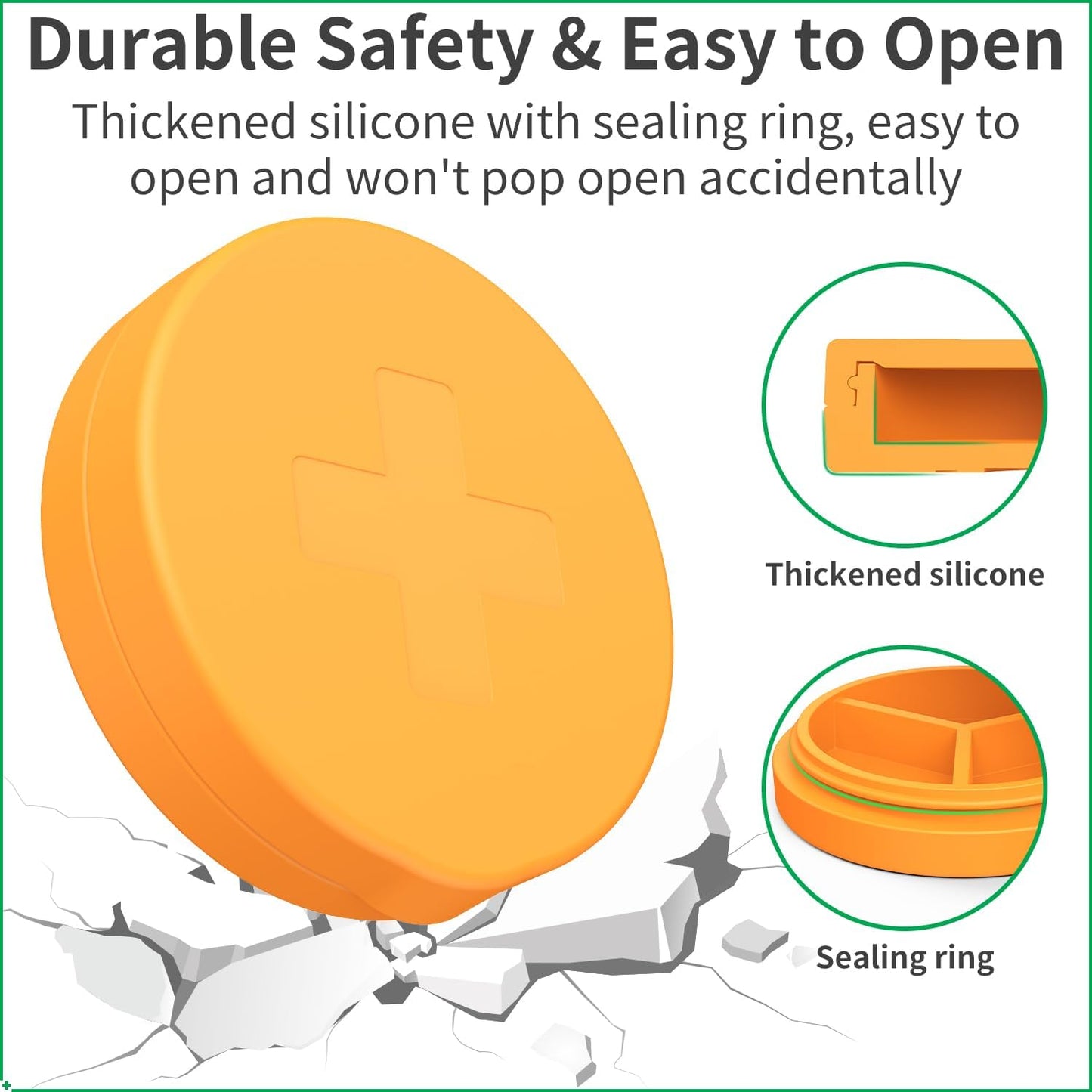 2 Pack Small Pill Box,3 Compartment Round Silicone Travel Pill Box for Purse Pocket, Waterproof Portable Compact Medicine Holder for Vitamin, Cod Liver Oil, Supplement(Orange+Yellow)