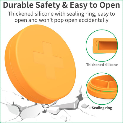 2 Pack Small Pill Box,3 Compartment Round Silicone Travel Pill Box for Purse Pocket, Waterproof Portable Compact Medicine Holder for Vitamin, Cod Liver Oil, Supplement(Orange+Yellow)