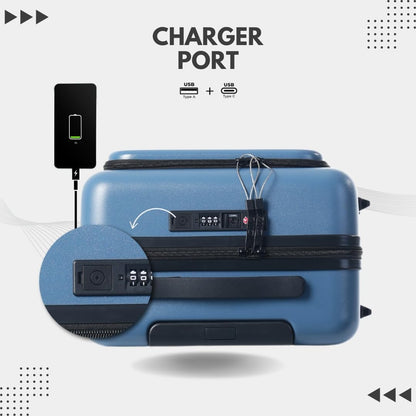 20-Inch Hardside Carry-On Luggage with Spinner Wheels – Airline Approved 22x14x9 Travel Suitcase with USB Port, Front Laptop Pocket & TSA Lock (Blue-Grey)