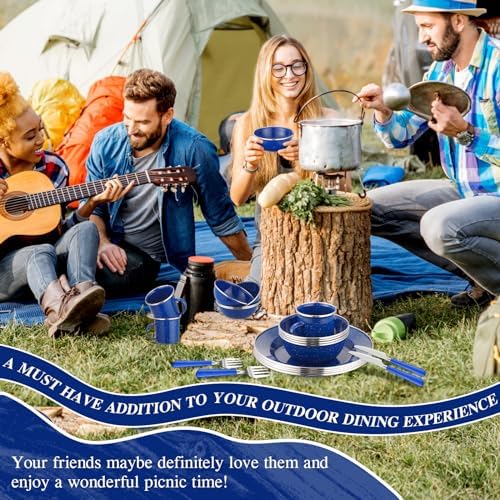 Nuogo 48 Pcs Camping Dinnerware Enamel Mugs Plates Bowls Utensils, Blue