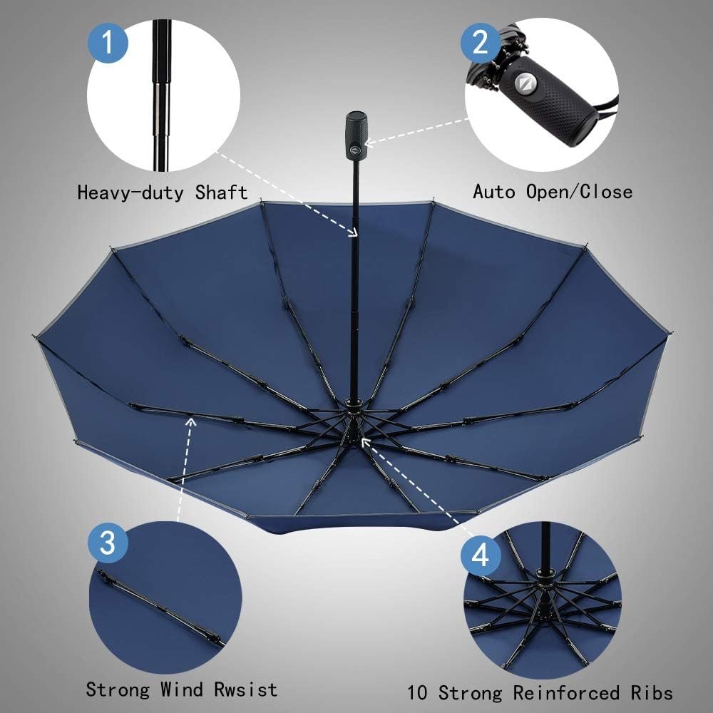 FDJASGY Windproof Travel Umbrella with Teflon Coating Auto Open Close Lightweight Sun&Rain Umbrella with 10 Rib Construction and Reflective Stripe Zipper Pouch