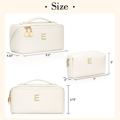 Birthday Gifts for Women Teen Girl, Personalized Initial Makeup Organizer Bag Set, Open Flat Travel Cosmetic Bag With Clear Divider and Handle(Beige,E)