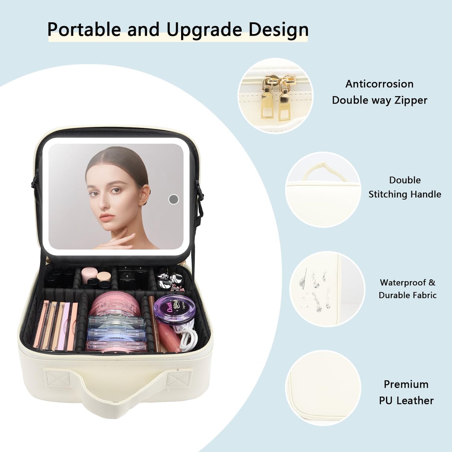 Makeup Bag with Led Mirror,Travel Makeup Organizer with 3 Color Setting, Portable Storage and Adjustable Dividers Travel Makeup Bag(White)