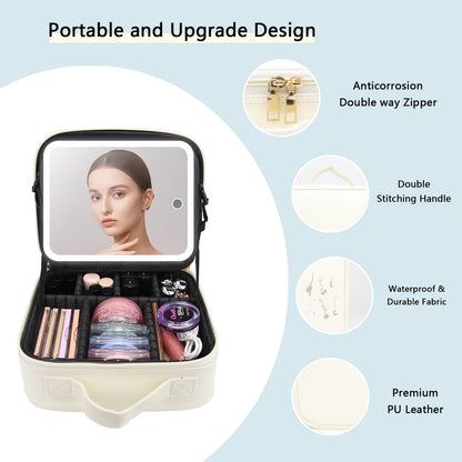 Makeup Bag with Led Mirror,Travel Makeup Organizer with 3 Color Setting, Portable Storage and Adjustable Dividers Travel Makeup Bag(White)
