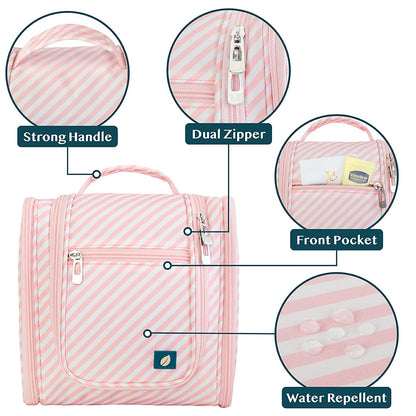 PAVILIA Toiletry Bag Travel Bag for Women Men, Hanging Cosmetic Organizer, Water Resistant Makeup Bag for Accessories Toiletries, Large Travel Essentials Kit (Pink Stripe)