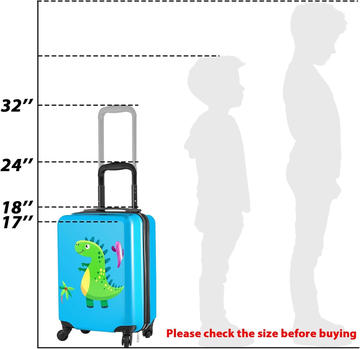 Sanwuta 4 Pcs Kids Luggage Set Kids Backpack Travel Rolling Suitcase with Wheels U-shape Pillow Childrens Gift for Girls Boys(17 Inch,Dinosaur Style,Blue)