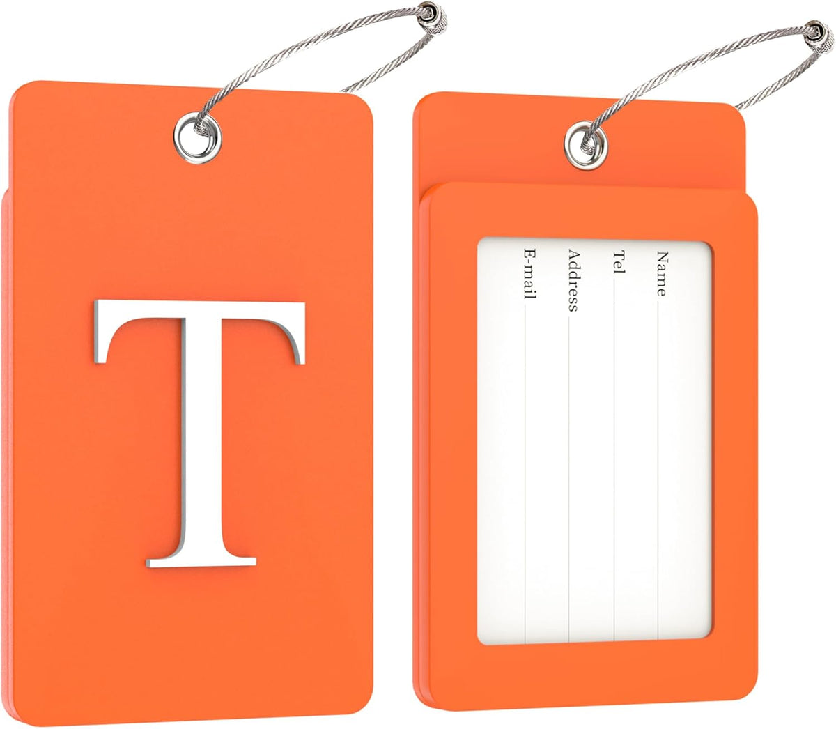 Gostwo 2 Pack Luggage Tags for Suitcases, 26 Initial Letter Travel Luggage Baggage Identification Labels ID Tag Fully Bendable Tags with Stainless Steel Loop (Orange) (Letter T)