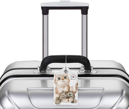 Set of 2 Cute Cats Luggage Tags for Suitcases Bag Tag with Full Back Privacy Suitcase Labels Identifiers, Funny Animals Pattern PU Leather Backpack Name Tags for Women Girls Teen Kids Boys Travel