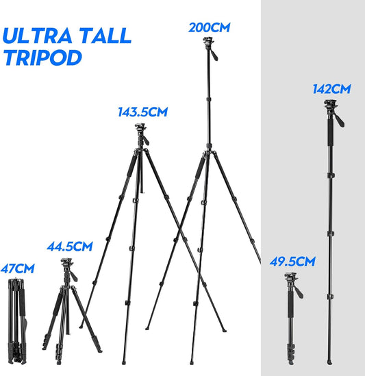 Fotopro 78" Camera Tripod, Aluminum Compact Travel Tripod and Monopod with 360° Fluid Head Quick Release Plate, Professional Video Tripod for DSLR, Load up 6.6lbs