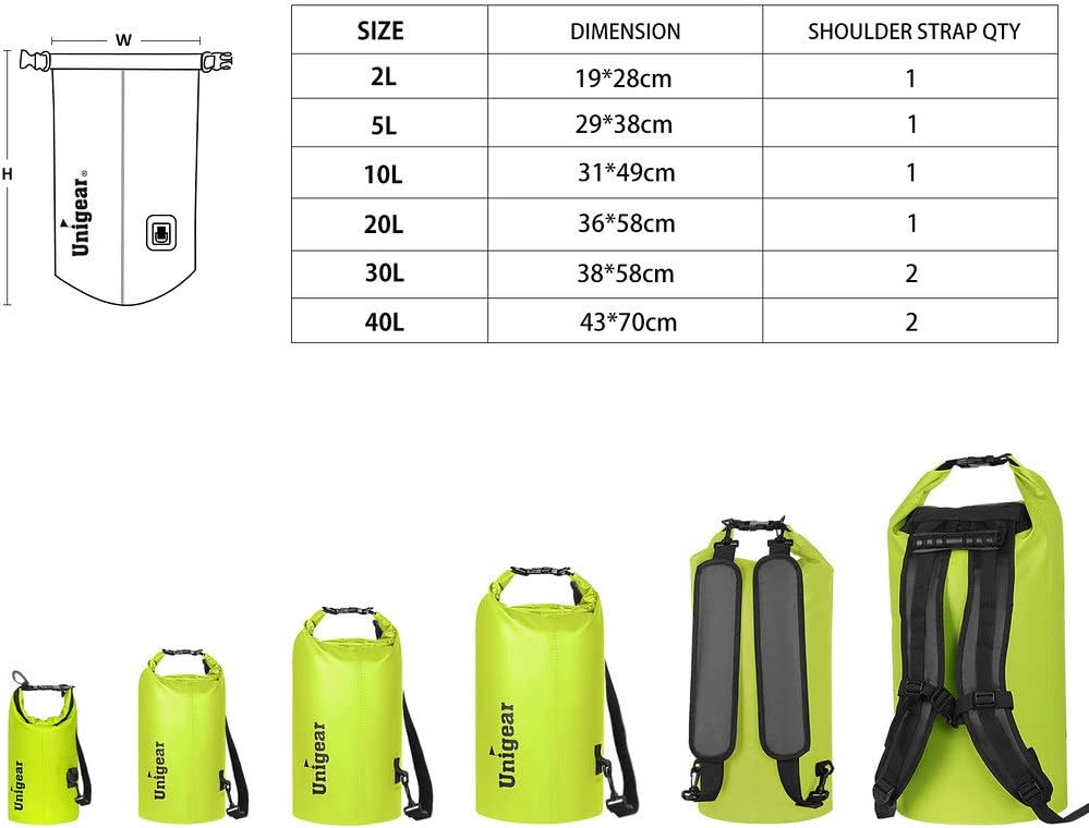 Unigear Dry Bag Waterproof, 2L/5L/10L/20L/30L/40L Floating and Lightweight Bags for Kayaking, Boating, Fishing, Swimming and Camping with Waterproof Phone Case