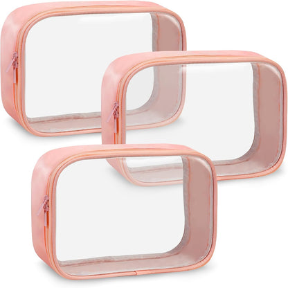 Moyad TSA Approved Clear Toiletry Bag, 3 Pack Quart Size 3-1-1 Liquids Pouch for Travel, Transparent Makeup & Cosmetic Organizer for Women Men, Peach Pink