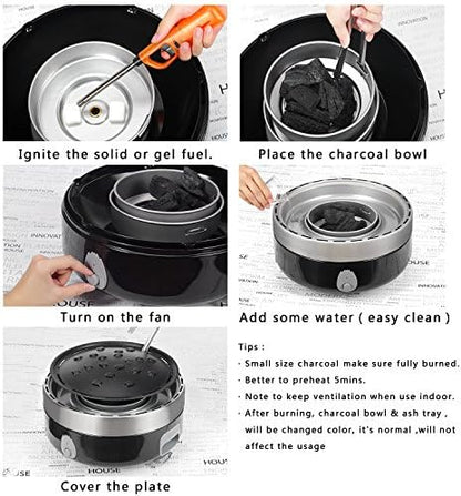 Portable Charcoal Outdoor BBQ Grill For Camping With Travel Bag - Small Tabletop Smoke ＆ Smokeless Pan Optional - Built In Electric Fan Power Supplied By Battery Charger Or Power Bank. (Luxury Black)