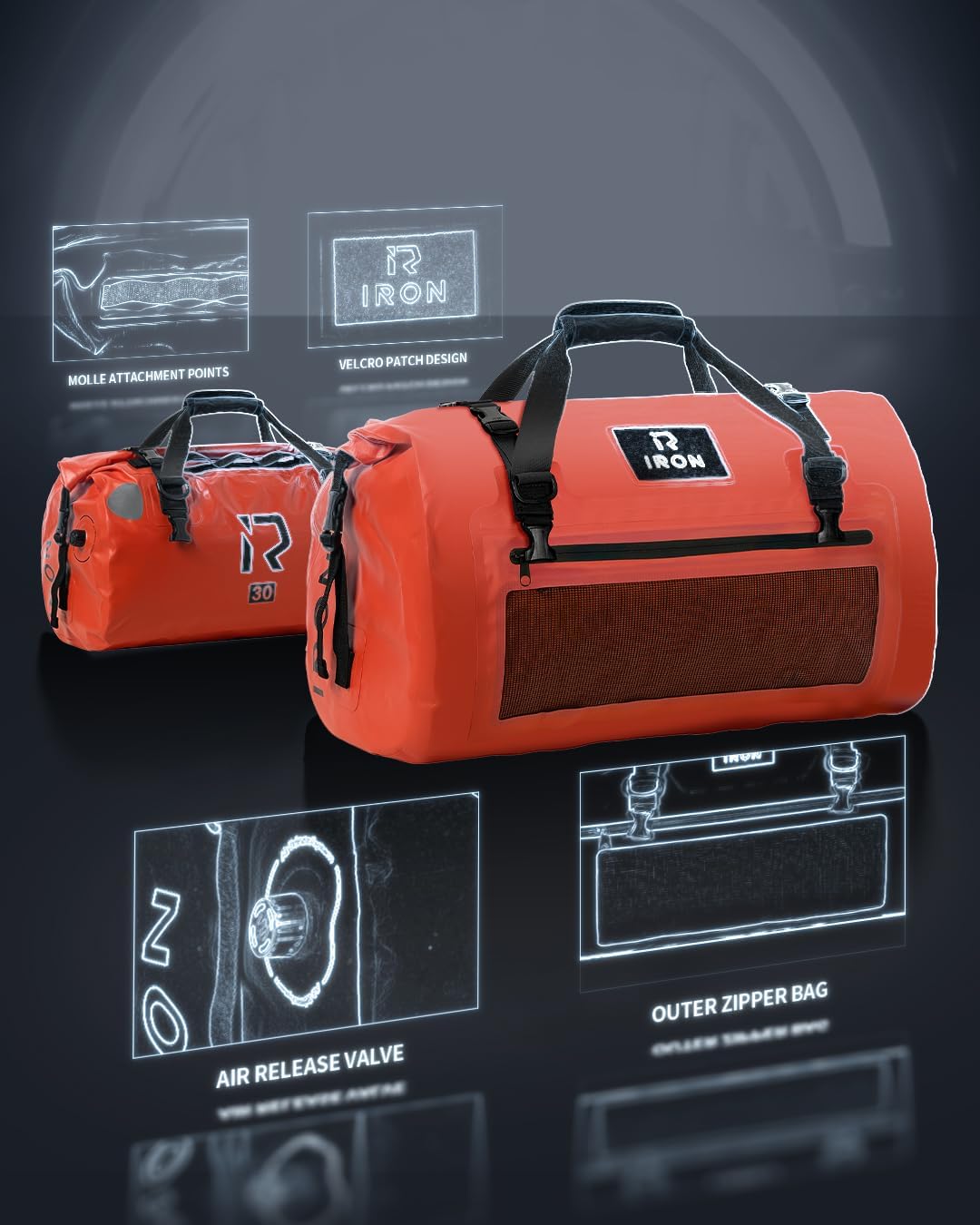 IRON JIA'S Motorcycle Dry Bag - Waterproof Duffle & Luggage Tail Bag Saddle Bags with Roll Top Closure, Shoulder Straps, Inner Pocket and Mesh Pocket (Orange, 50L)