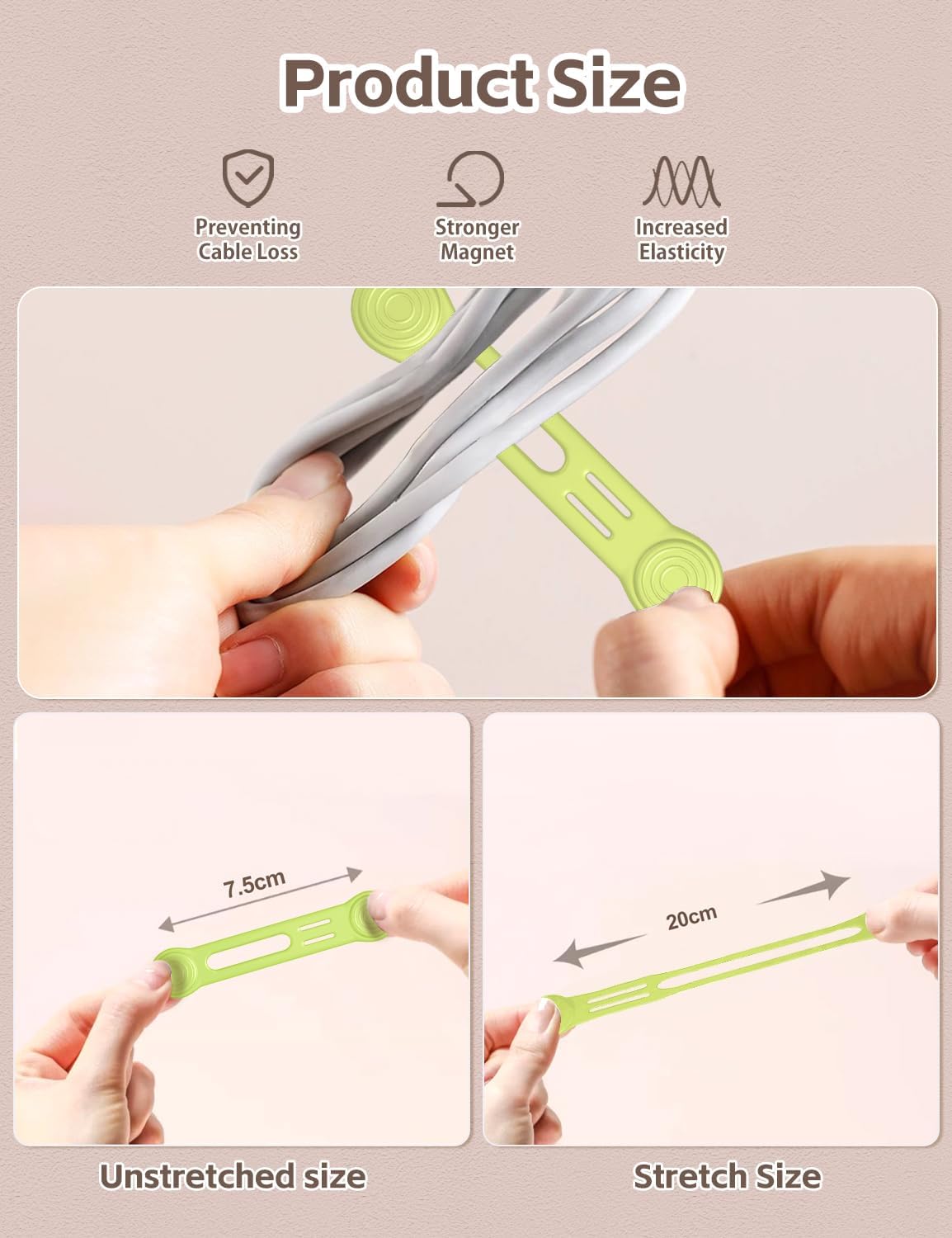 Kanemc Magnetic Cable Organizer For Cords, Cord Wrap Silicone Zip Ties Twist Ties Magnet Strap For Smartphone Charger Earphone Video Game USB C Cables (Macaron Color, S-size)