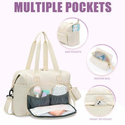 Tuwubi Diaper Bag Tote,Baby Diaper Bag with Pacifier Case Large Travel Diaper Tote Caddy for Mom and Dad Multifunction Large Baby Bag - White