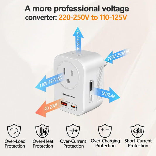 220V to 110V Voltage Converter US to Europe International Universal Travel Adapter, 20W PD With 2 USB-A 2 USB-C Port, Worldwide Power Converter Plug Combo US to Spain Italy Greece WHITE-I