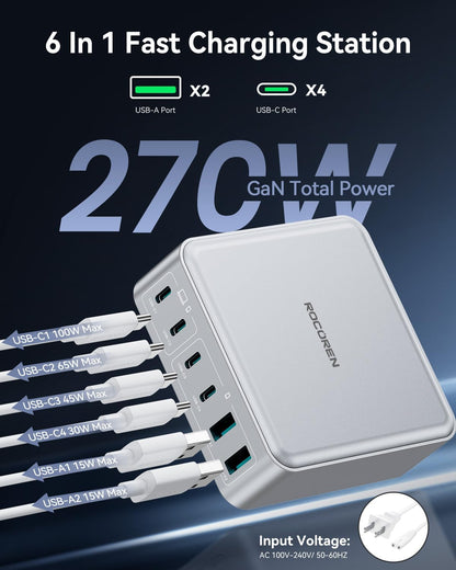 270W USB C Charger Block, Rocoren 6 Port Multi USB-C Charging Station,100W PD Fast USBC Gan Charger Station Hub Dock for Multiple Devices, Laptop Type C for MacBook/iPhone 16/iPad/Galaxy S25