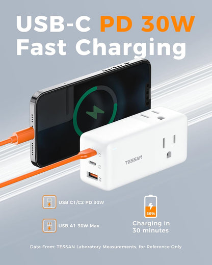 TESSAN USB Charging Station PD 30W, Flat Plug USB C Charger Blocks with 3 AC Outlets, Desktop Phone Fast Charger with 5FT Extension Cord for Phone Tablet Laptop, Travel, Office
