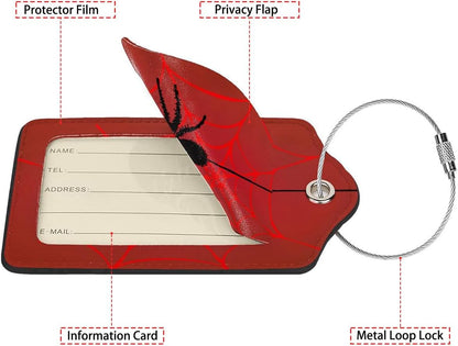 Spider Web 2-Pcs Premium Leather Tags with Privacy Covers,Luggage Tag Stainless Steel Loops Ideal for Suitcases, Travel Bags, Backpacks