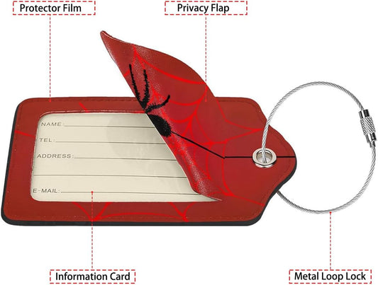 Spider Web 2-Pcs Premium Leather Tags with Privacy Covers,Luggage Tag Stainless Steel Loops Ideal for Suitcases, Travel Bags, Backpacks