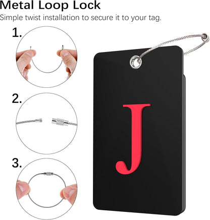 Gostwo 2 Pack Luggage Tags for Suitcases, 26 Initial Letter Travel Luggage Baggage Identification Labels ID Tag Fully Bendable Tags with Stainless Steel Loop (Black) (Letter J)