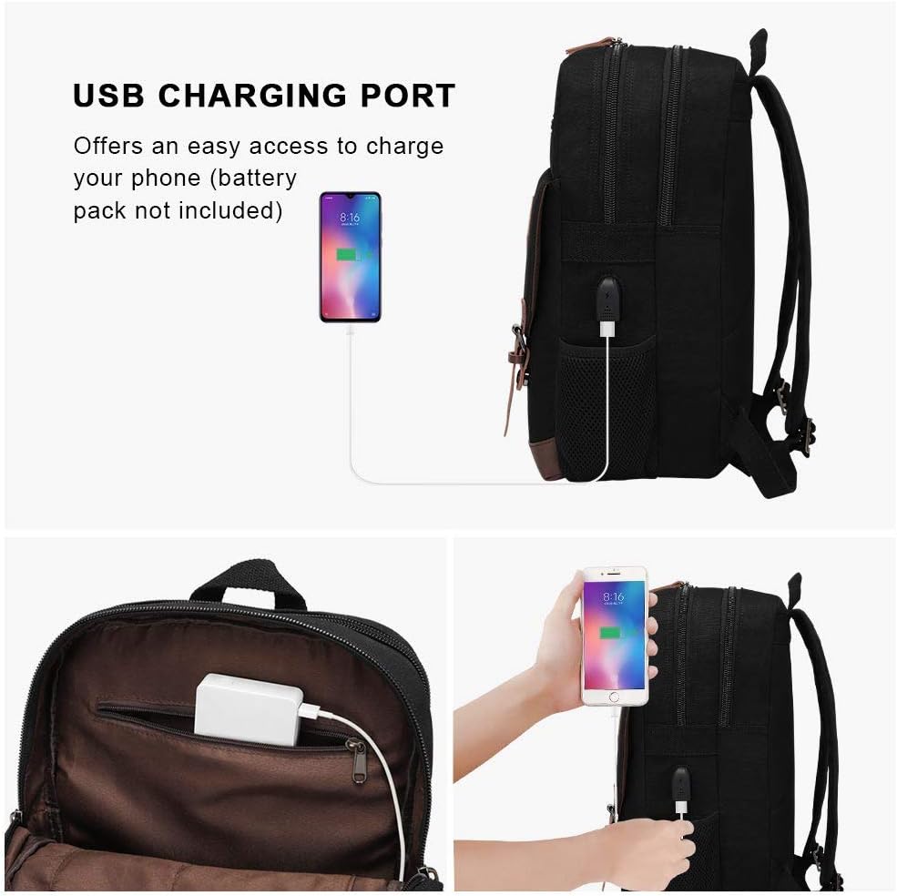 Canvas Backpack for Men Women, Vintage Rucksack Fits Most 15.6 Inch Laptop, Bookbag with USB Charging Port, Black