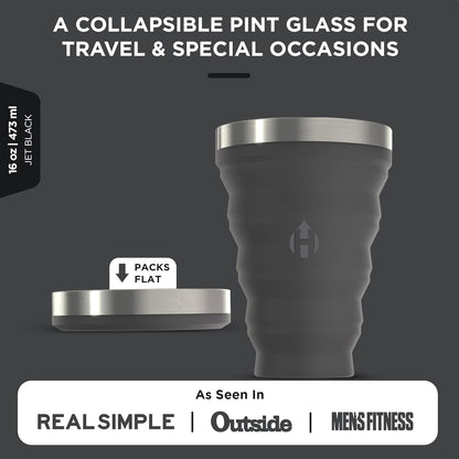 HYDAWAY 16oz Collapsible Pint - BPA-Free Silicone Cup with Stainless Steel Rim - Reusable, Packable, and Durable for Camping, Travel & Everyday Use