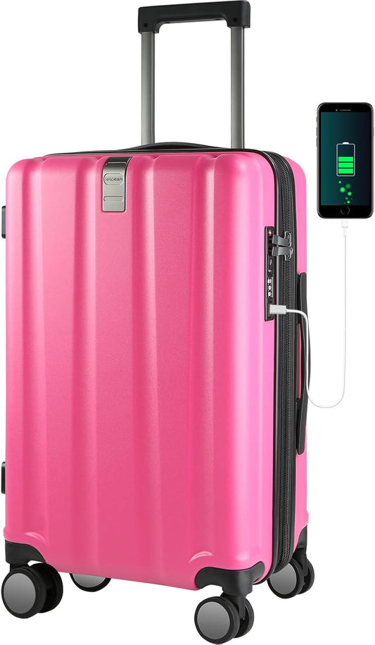 KROSER Hardside Expandable Carry On Luggage with Spinner Wheels & Built-in TSA Lock, Durable Suitcase Rolling Luggage with USB Port, Carry-On 20-Inch, Magenta
