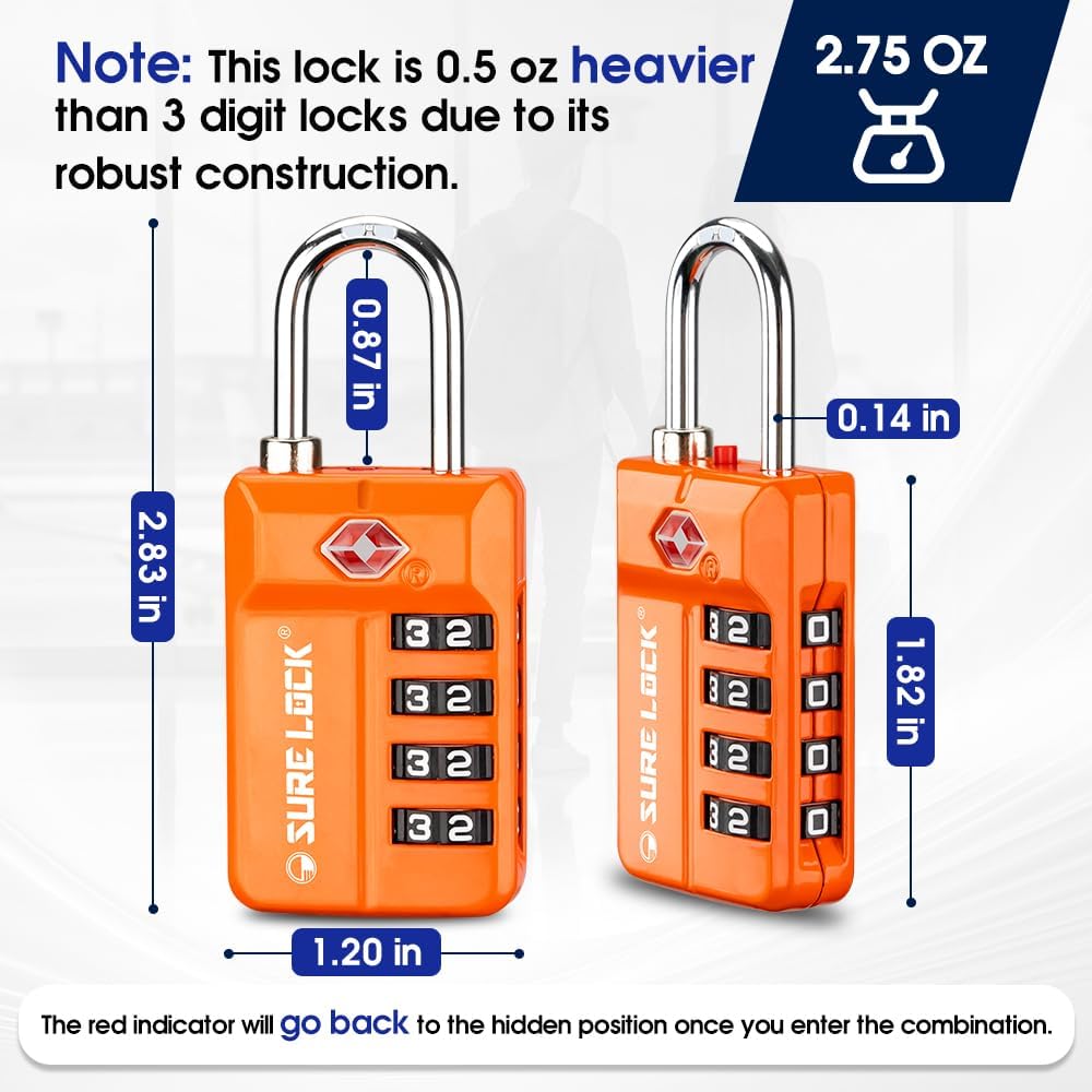 TSA Approved Travel Luggage Locks, Open Alert Combination Lock for School Office & Gym Locker,Toolbox, Pelican Case,Easy Read Dials- 1, 2 & 4 Pack (1, Orange 2PACK)