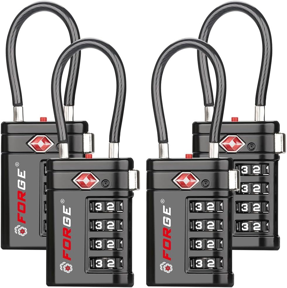 Forge TSA Approved Luggage Locks 4 Digit Combination TSA Travel Locks with TSA008, Open Alert Indicator, Zinc Alloy Body for Luggage, Suitcase, Backpack, and More. Black 4 Locks.