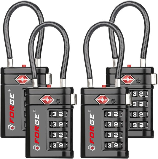 Forge TSA Approved Luggage Locks 4 Digit Combination TSA Travel Locks with TSA008, Open Alert Indicator, Zinc Alloy Body for Luggage, Suitcase, Backpack, and More. Black 4 Locks.