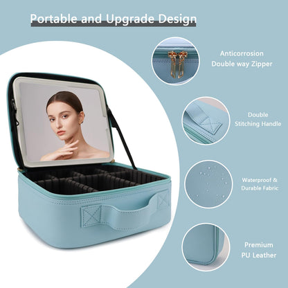 Makeup Bag with Led Mirror,Travel Makeup Organizer with 3 Color Setting & 10X Magnifying Mirror, Portable Storage and Adjustable Dividers Travel Makeup Bag-baby blue
