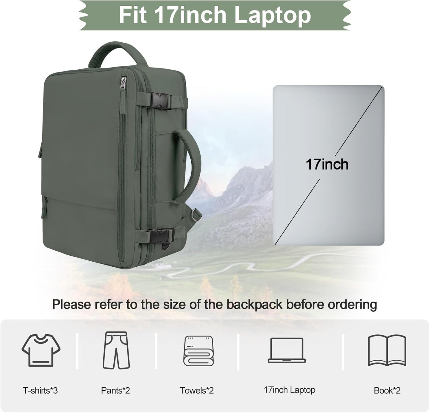 Hanples Women's Large 17.3 Inch Laptop Backpack, Olive Green, Waterproof, Suitable for Air Travel