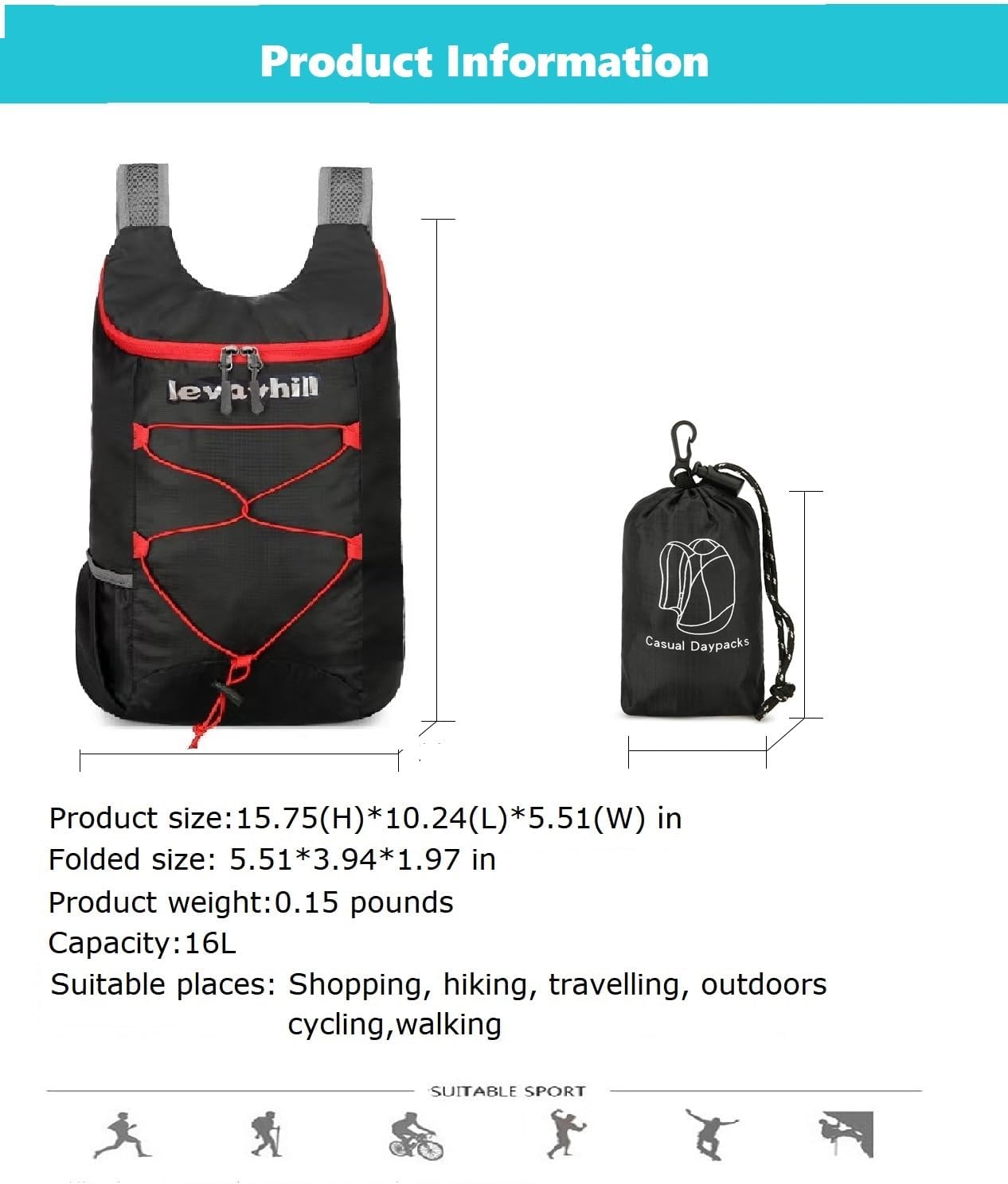 16L Hiking Daypack Lightweight Foldable Travel Backpack Water Repellent Camping Outdoor Packable Easy Carry-on Bag (Black+Red)