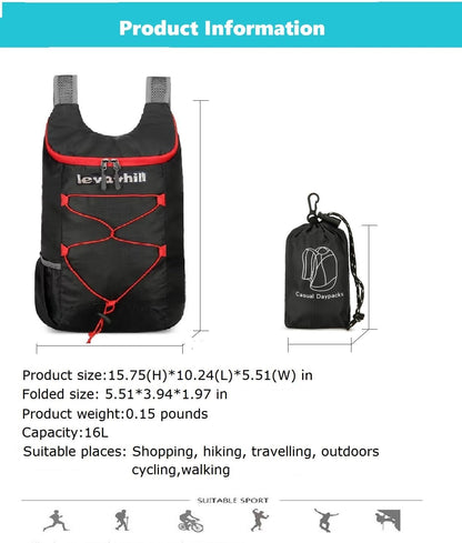 16L Hiking Daypack Lightweight Foldable Travel Backpack Water Repellent Camping Outdoor Packable Easy Carry-on Bag (Black+Red)