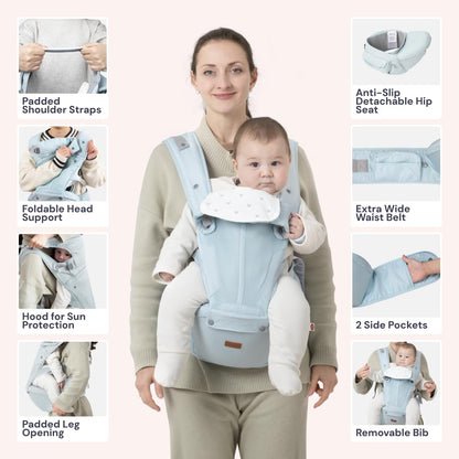 BabbleRoo Grow Carrier – 6-in-1 Baby Carrier with Hip Seat, Ergonomic, Cozy & Adjustable Toddler Carrier 7-50 lbs with Hip & Lumbar Support, Hood for Sun Protection, Newborn to Toddler, Seafoam