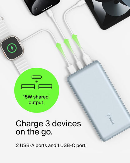 Belkin Portable Charger, USB-C Power Bank 20000 mAh w/ 2 USB-A Ports, 15W w/Type-A to Type-C Cable for iPhone 16, Samsung Galaxy S25, iPad, Nintendo Switch 2, Google Pixel 10, etc. - Pearl Blue