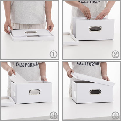 PRANDOM Collapsible Storage Box with Lid [3-Pack] Leather Fabric Foldable Storage Bin Organizer Container Basket Cube with Cover for Home Bedroom Closet Office Nursery White(13.6x9.6x6.9)