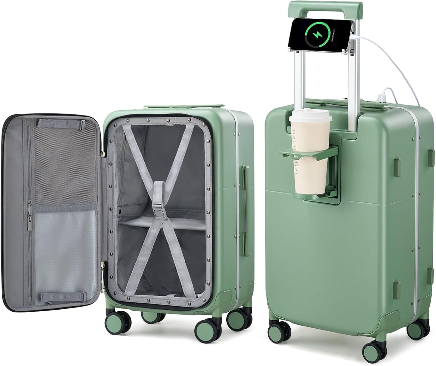 Hanke 24 Inch Luggage with Cup Holder and Charge,Top Opening Hard Shell Suitcases with Wheels and Dividers,Aluminum Frame Trunk Luggage Medium Checked Suitcase with Lock for Travel,Forest Green