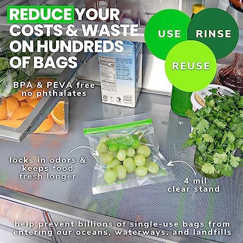 Smelly Proof 15 x Expandable Stand & Fill REUSABLE Storage Bags for Food Designed & Mfg in US, BPA FREE, NO PEVA, Reusable Sandwich Bags, Dishwasher-Safe, Clear 3 mils STAND UP 6.5" x 7.5" - 15pk