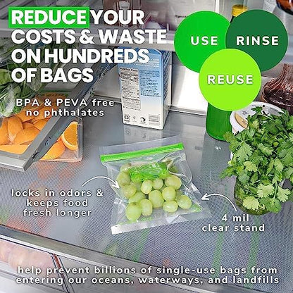 Smelly Proof 15 x Expandable Stand & Fill REUSABLE Storage Bags for Food Designed & Mfg in US, BPA FREE, NO PEVA, Reusable Sandwich Bags, Dishwasher-Safe, Clear 3 mils STAND UP 6.5" x 7.5" - 15pk