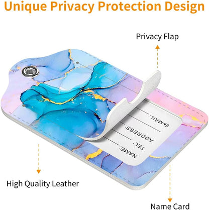 2 Pack Luggage Tag for Suitcase, Cute Unique Leather Bag Tags Identifiers Privacy Cover ID Label with Durable Steel Loop for Women Men Kids Girls Travel，Marble Blue