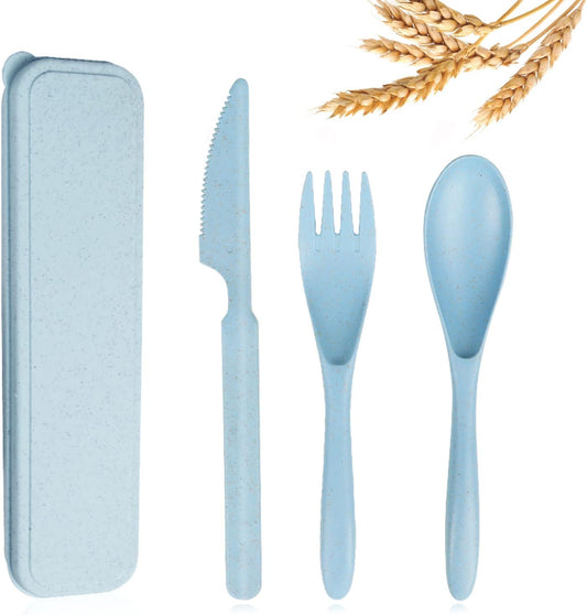 Reusable Travel Utensils Set with Case, Blue Wheat Straw Portable Knife Fork Spoons Tableware, Eco-Friendly BPA Free Cutlery for Kids and Adults as Travel Picnic Camping Utensils