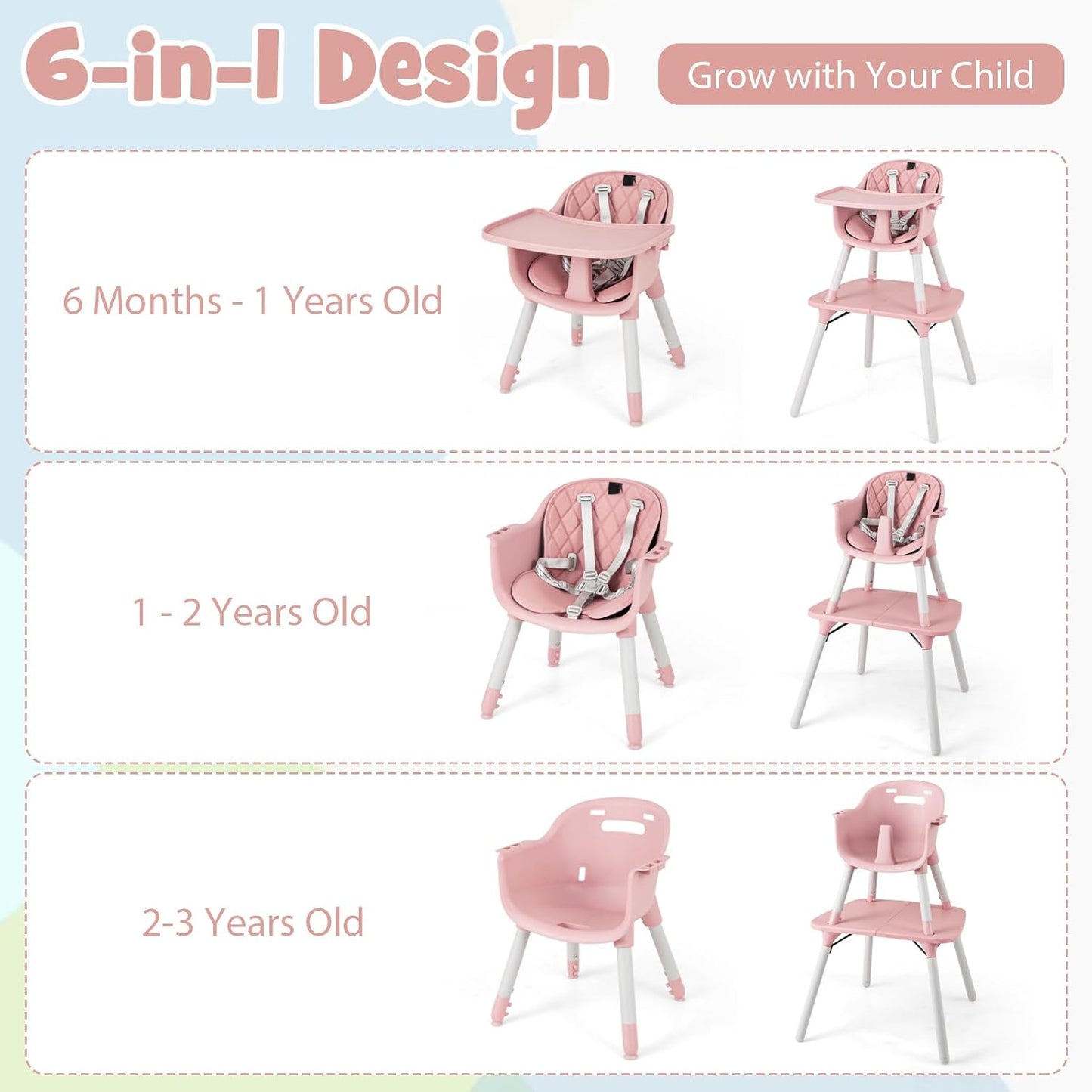 HONEY JOY 5-in-1 High Chair, Convertible Highchair for Babies and Toddlers/Kids Chair Table Set/Infant Feeding Chair w/Safety Harness, PU Leather Cushion & Removable Food Tray (Pink)